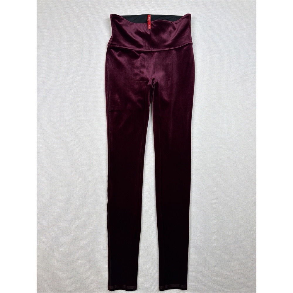 Spanx Velvet Velour Leggings Skinny Leg Size S Rich Burgundy Elastic Waistband